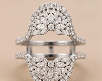 Floral Halo Enhancer Ring • Marquise Cluster Bridal Band • Curved Wedding Ring • Stackable Ring Guard • Floral Bridal Jewelry • Wedding Band