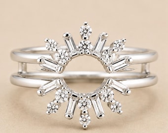 Enhancer Ring • Sunburst Wedding Band • Curved Crown Ring Guard • Baguette & Round Stone Contour Band • Stackable Bridal Enhancer Ring