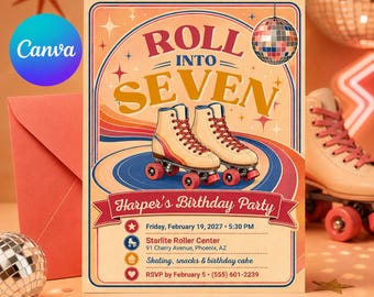 Retro Roller Skating Birthday Invite | Disco 70s Roll Into Seven | Editable Template