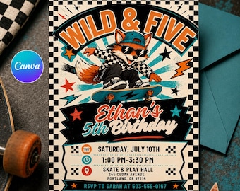 May include: A rectangular birthday invitation card featuring a cartoon fox on a skateboard, wearing sunglasses and a cap. The text reads WILD & FIVE, Ethan's 5th Birthday, Saturday, July 10th, 1:00 PM-3:30 PM, Skate & Play Hall, 245 Cedar Avenue, Portland, OR 97214.