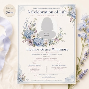 May include: A Celebration of Life memorial service invitation card featuring blue and purple watercolor floral arrangements, a central placeholder for a photo, and text including the name Eleanor Grace Whitmore and event details.