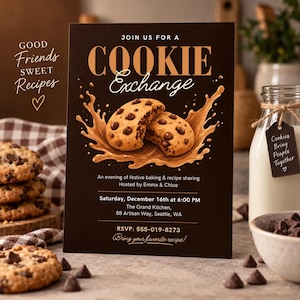 Pode incluir: Um cartão de convite retangular castanho escuro para uma troca de bolachas com uma bolacha de pepitas de chocolate a partir-se num salpico de leite. O texto inclui JOIN US FOR A COOKIE EXCHANGE, An evening of festive baking, 16 de dezembro.