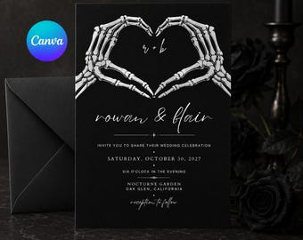 Può includere: Un invito di nozze nero con mani di scheletro bianche che formano un cuore nella parte superiore. Il testo recita: r + b, rowan & flair, invite you to share their wedding celebration, Saturday, October 30, 2027, six o'clock in the evening, Nocturne Garden, Oak Glen, California, reception to follow.