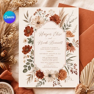Terracotta trouwuitnodiging | Boho herfst bloemen trouwuitnodiging | Verbrande oranje wilde bloemen | Bewerkbaar sjabloon