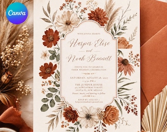 May include: A wedding invitation card featuring a central decorative frame with the text Harper Elise and Noah Bennett, surrounded by a watercolor illustration of rust-colored flowers, dried grasses, and green foliage on a cream-colored background.