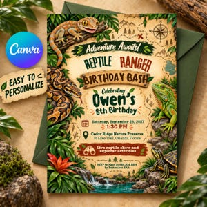 May include: A birthday invitation card featuring a gecko, snake, iguana, and turtle in a jungle setting. Text includes Adventure Awaits! Reptile Ranger Birthday Bash, Celebrating Owen's 8th Birthday, Saturday, September 25, 2027, 1:30 PM.