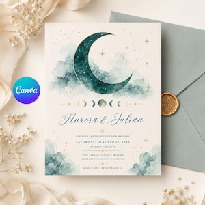 May include: A wedding invitation card featuring a dark teal watercolor crescent moon, clouds, and gold stars. The text reads: Aurora & Julian, Joyfully invite you to their wedding, Saturday, October 12, 2029, at half past five, The Observatory House, Charleston, South Carolina.