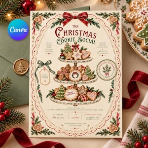Puede incluir: Una invitación de color crema para The Christmas Cookie Social con un soporte de tres niveles lleno de galletas de jengibre decoradas. El diseño incluye lazos rojos, ramas de pino verdes y texto con detalles de una fiesta el 14 de diciembre.