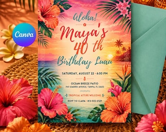 May include: A rectangular birthday invitation card featuring a tropical sunset over the ocean, decorated with hibiscus flowers and palm leaves. The text reads: Aloha! Maya's 40th Birthday Luan, Saturday, August 22, 6:00 PM, Ocean Breeze Patio, 740 Seabird Avenue, Tampa, FL 33602, Tropical Attire Welcome, RSVP to Clara 813-555-0129.