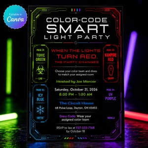 Color Code Party Invitation | Neon Smart Light Halloween Dance | Cyber HUD Green Red Blue Purple | Editable Template Canva