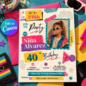 Invitación de cumpleaños número 40 de 1986 con foto / Fiesta retro de los 80 / Cumpleaños genial / Plantilla editable