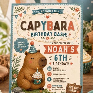 May include: A rectangular birthday invitation card featuring a brown capybara wearing a blue party hat and holding a cupcake. The text reads: You're invited to a Capybara Birthday Bash! Come celebrate Noah's 6th Birthday! Sunday August 10, 2025.