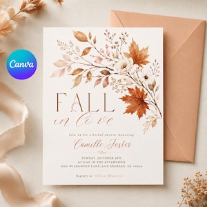 Puede incluir: Una tarjeta de invitación rectangular para una despedida de soltera con una ilustración en acuarela de hojas de otoño y flores blancas. El texto dice FALL in love, Join us for a bridal shower honoring Camille Foster, Sunday, October 4th, 2:00 in the afternoon, 1800 Willowfen Lane, Los Angeles, CA 90026, Registry at Bloom Home.