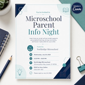 Op de afbeelding: Een witte flyer getiteld Microschool Parent Info Night met donkerblauwe en groenblauwe accenten. Het bevat evenementdetails voor Northridge Microschool op 29 juli 2026, van 18:30 tot 20:00 uur op 321 Innovation Way, Austin, TX 78759.