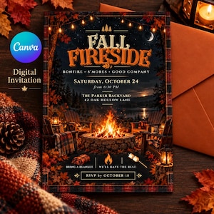 May include: A digital invitation for a Fall Fireside event featuring a bonfire scene with wooden chairs, string lights, and autumn leaves. Text includes Fall Fireside, Bonfire, S'mores, Good Company, Saturday, October 24, 6:30 PM, The Parker Backyard, 42 Oak Hollow Lane, and RSVP by October 18.