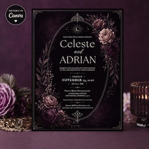 May include: A dark purple wedding invitation card featuring an oval frame, floral illustrations of roses, and a crescent moon icon. The text reads: Together with their families, Celeste and Adrian, request the pleasure of your company at the celebration of their marriage, Friday, November 13, 2026, at 6:00 PM, Velvet Moon Conservatory, 12 Wisteria Court, Savannah, Georgia 31401.