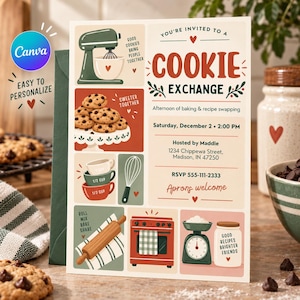 Pode incluir: Um cartão de convite retangular para uma troca de biscoitos com ilustrações de uma batedeira verde, biscoitos de gotas de chocolate, copos medidores, um batedor, um rolo de massa, um forno e uma balança com o texto You're Invited to a Cookie Exchange.