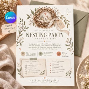 Peut inclure: Une carte d'invitation pour une fête de nidification avec une illustration aquarelle de nid d'oiseau, une petite maison et des motifs floraux. Le texte indique les détails de l'événement du 24 août 2024 et des sections pour les services à offrir.