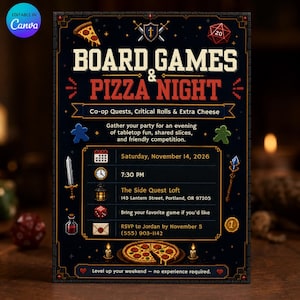 Game Night Invitation | Board Games and Pizza Party | Retro Pixel Art RPG | Navy and Red | Editable Template