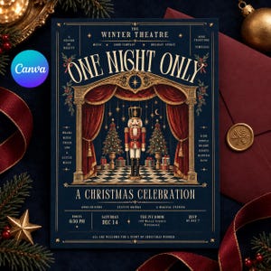 May include: A dark blue rectangular invitation card titled The Winter Theatre One Night Only A Christmas Celebration. The design features a central nutcracker figure standing on a checkered floor between red curtains, Christmas trees, and gold text.