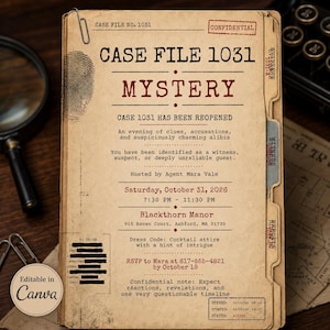 May include: A tan manila file folder invitation titled Case File 1031 Mystery. The document features black and red text, a fingerprint graphic, and tabbed sections labeled Evidence, Witness, and Reports. It includes event details for October 31, 2026.
