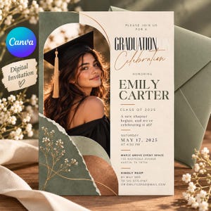 Puede incluir: Una tarjeta de invitación para una graduación con la foto de una persona graduada con toga y birrete. El diseño incluye tonos verde salvia y beige, un efecto de papel rasgado y el texto Graduation Celebration, Emily Carter, Class of 2025.
