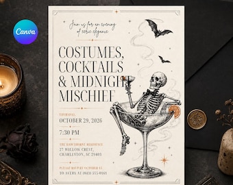 May include: A rectangular invitation card featuring a skeleton sitting in a large martini glass. The text reads: Join us for an evening of eerie elegance, COSTUMES, COCKTAILS & MIDNIGHT MISCHIEF, THURSDAY, OCTOBER 29, 2026, 7:30 PM, THE HAWTHORNE RESIDENCE.