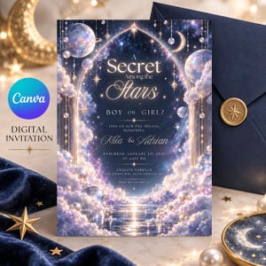 May include: A rectangular digital invitation card titled A Secret Among the Stars Boy or Girl featuring a dark blue night sky with glowing planets, stars, hanging pearls, and soft purple clouds framing a central archway with event details.