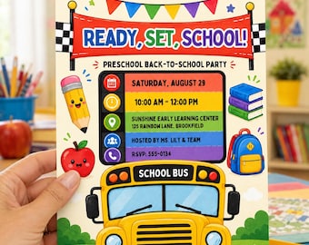 Inbjudan till skolan igen | Inbjudan till förskolefest | Redigerbar mall för skolbussregnbåge | Färdig skola | Söt Apple-penna