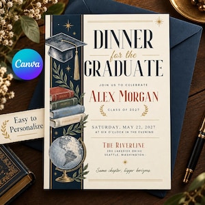May include: A graduation dinner invitation card featuring a dark blue vertical border with a graduation cap, a stack of four books labelled Ideas, People, Politics, and Possibilities, and a globe. The text reads Dinner for the Graduate.