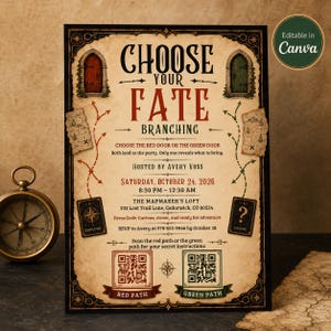 May include: A rectangular party invitation with a vintage map aesthetic. The text reads Choose Your Fate Branching, featuring a red door, a green door, two QR codes labeled Red Path and Green Path, and event details for October 24, 2026.