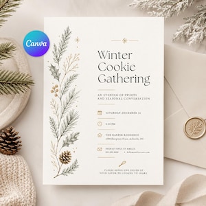 Pode incluir: Um convite branco intitulado Winter Cookie Gathering com texto preto em fonte serifada e ícones dourados. O lado esquerdo apresenta uma ilustração botânica de ramos de pinheiro, folhas de azevinho e pinhas com detalhes do evento.