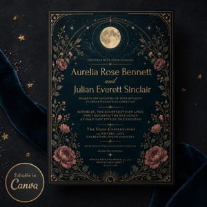 May include: A rectangular wedding invitation card with a dark navy background featuring a full moon, gold celestial lines, and floral borders. The text includes the names Aurelia Rose Bennett and Julian Everett Sinclair, date, time, and location details.
