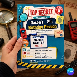 Może przedstawiać: Prostokątne zaproszenie na urodziny z niebieskim tłem o tematyce szpiegowskiej. Tekst zawiera TOP SECRET, Mason's 8th Birthday Mission oraz szczegóły wydarzenia na 24 sierpnia 2026 r. Grafiki przedstawiają lupę, krótkofalówkę i identyfikator.
