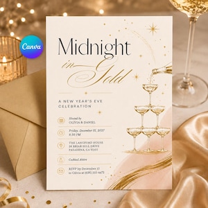 May include: A cream-colored New Year's Eve invitation card featuring the text Midnight in Gold, a champagne tower illustration, and event details including the date Friday, December 31, 2027, time 8:30 PM, location, and RSVP information in gold ink.
