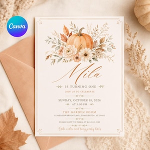 May include: A rectangular invitation card featuring a watercolour illustration of a pumpkin and autumn flowers at the top. The text reads: Mila IS TURNING ONE, JOIN US TO CELEBRATE, SUNDAY, OCTOBER 18, 2026 AT 3:00 PM, THE GARDEN ROOM, 92 MEADOWBROOK LANE, CHARLESTON, SC 29403, PLEASE RSVP TO EMMA AT 843-555-2180, Cake cider and tiny party hats.