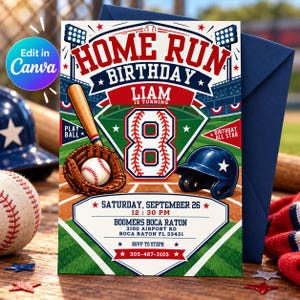 Puede incluir: Una tarjeta de invitación de cumpleaños con temática de béisbol con el texto HOME RUN BIRTHDAY, LIAM IS TURNING 8, y detalles del evento: sábado 26 de septiembre, 12:30 PM, Boomers Boca Raton, 3100 Airport Rd, Boca Raton FL 33431, RSVP 305-467-3105.