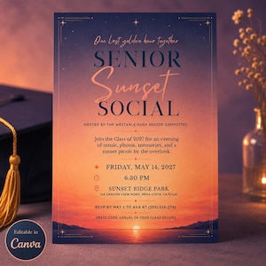 Senior Sunset Invitation | High School Graduation Farewell | Golden Hour Class of 2027 | Navy Orange Gradient | Editable Template Canva