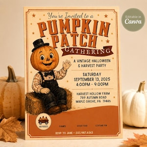May include: A rectangular invitation card featuring a cartoon pumpkin-headed character wearing a black top hat and plaid shirt, sitting on a hay bale. The text reads: You're Invited to a PUMPKIN PATCH GATHERING, A VINTAGE HALLOWEEN & HARVEST PARTY.