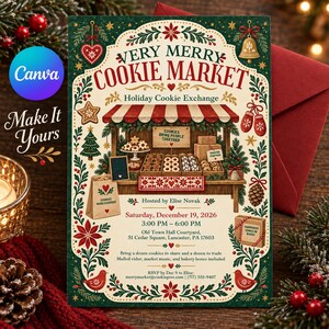 Może przedstawiać: Prostokątna ulotka świąteczna z napisem Very Merry Cookie Market, przedstawiająca czerwono-białe stoisko z ciasteczkami, świąteczne zielone dekoracje oraz szczegóły wymiany ciasteczek w sobotę 19 grudnia 2026 roku w Lancaster.