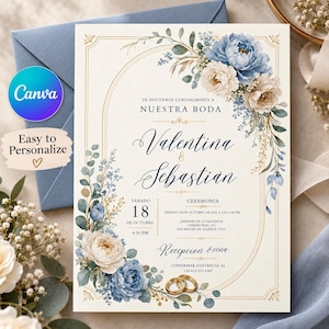 May include: A wedding invitation card featuring a cream background with a gold arched border, decorated with watercolor blue and white peonies and eucalyptus leaves. The text includes names Valentina and Sebastian, date October 18, and venue details.