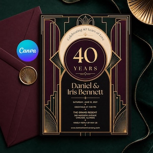 May include: A rectangular anniversary invitation card featuring a dark green and black art deco design with gold geometric lines and accents. The text reads Celebrating 40 Years of Love, 40 YEARS, Daniel & Iris Bennett, and event details.