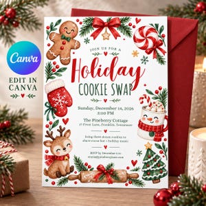 Pode incluir: Um cartão de convite branco para troca de biscoitos de Natal com ilustrações em aquarela de um boneco de gengibre, uma luva vermelha, uma rena, um bastão de doce, uma caneca de cacau, uma árvore de Natal e um rolo de massa.