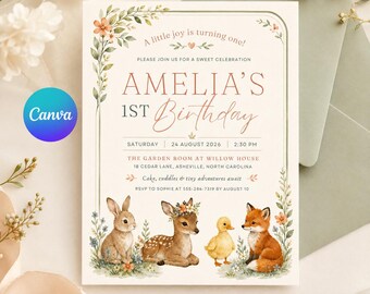 Woodland 1st Birthday Invitation | Peach Sage Green | Cute Animals Deer Fox | Editable Template