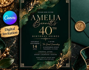 40th Birthday Invitation, Emerald Green & Gold Birthday Invite, Elegant Dinner Party, Editable Canva Template