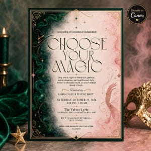 May include: A rectangular invitation card featuring a split design of deep emerald green and soft blush pink smoke effects. The text reads CHOOSE YOUR MAGIC, An Evening of Costumes & Enchantment, with event details for Amara Vale & Selene Hart.