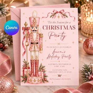 Könnte beinhalten: Eine hellrosa Weihnachtsparty-Einladungskarte mit einer Nussknacker-Illustration, goldenen Sternen und dem Text: Tis the Season for a CHRISTMAS Party, PLEASE JOIN US TO CELEBRATE Lauren's Holiday Party, SATURDAY, DECEMBER 19, 6 PM - LATE.