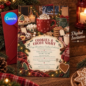 Pode incluir: Um convite digital retangular para um evento Cookies & Cocoa Night. O design apresenta uma caneca vermelha de chocolate quente com marshmallows, pilhas de biscoitos e ramos de pinheiro. O texto inclui detalhes do evento, data e hora.