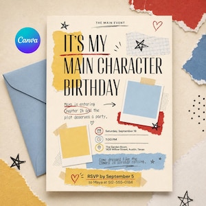 May include: A birthday invitation card featuring the text IT'S MY MAIN CHARACTER BIRTHDAY, Maya is entering Chapter 24 and the plot deserves a party, Saturday, September 19, 7:00 PM, The Garden Room, 1428 Willow Street, Austin, Texas, RSVP by September 5.
