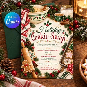 Pode incluir: Um convite de Holiday Cookie Swap com texto, um rolo de massa de madeira, um boneco de gengibre e biscoitos decorados numa assadeira. O design inclui ramos de pinheiro, bagas vermelhas e uma tigela numa superfície de madeira com envelope.